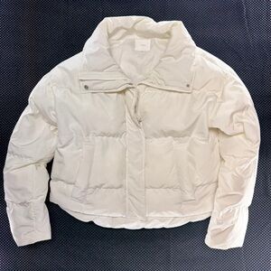 Cropped Cream Puffer Jacket with Stand Collar